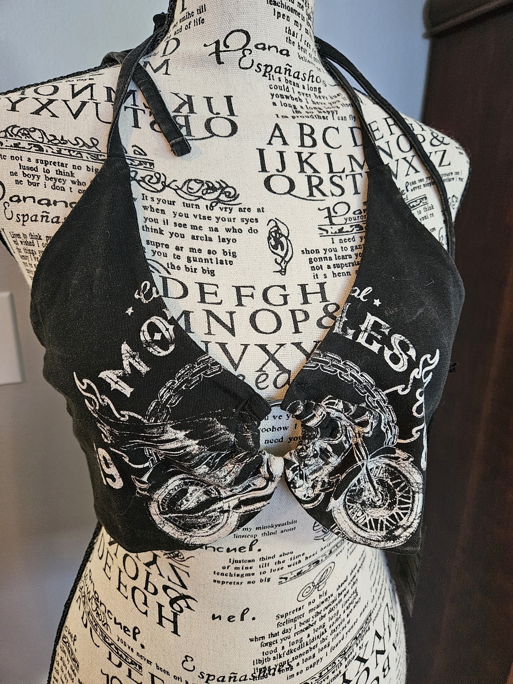 Black Graphic Halter Crop Top with Motorcycle Print